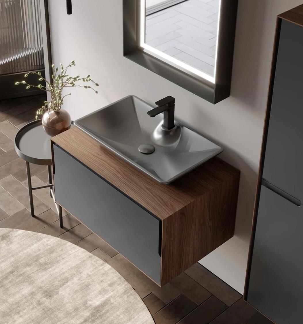 Orka Craft 80 cm Kompakt Ceviz Banyo Dolabı Alt Modül ve Lavabo (Mat Antrasit Lavabo), 5003987ORKA5003987Banyo Mobilyası