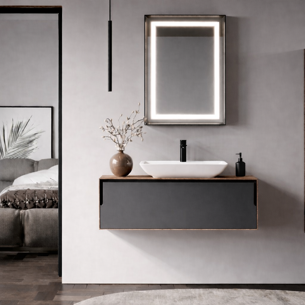 Orka Craft Banyo Dolabı Takımı, 100 cm, Kompakt Ceviz (Ledli Ayna-Mat Beyaz Lavabo), 5003430ORKA5003430Banyo Dolabı Takımı