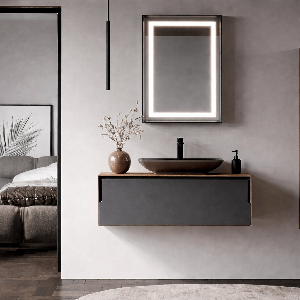 Orka Craft Banyo Dolabı Takımı, 100 cm, Kompakt Ceviz (Ledli Ayna-Mat Antrasit Lavabo), 5000145ORKA5000145Banyo Dolabı Takımı
