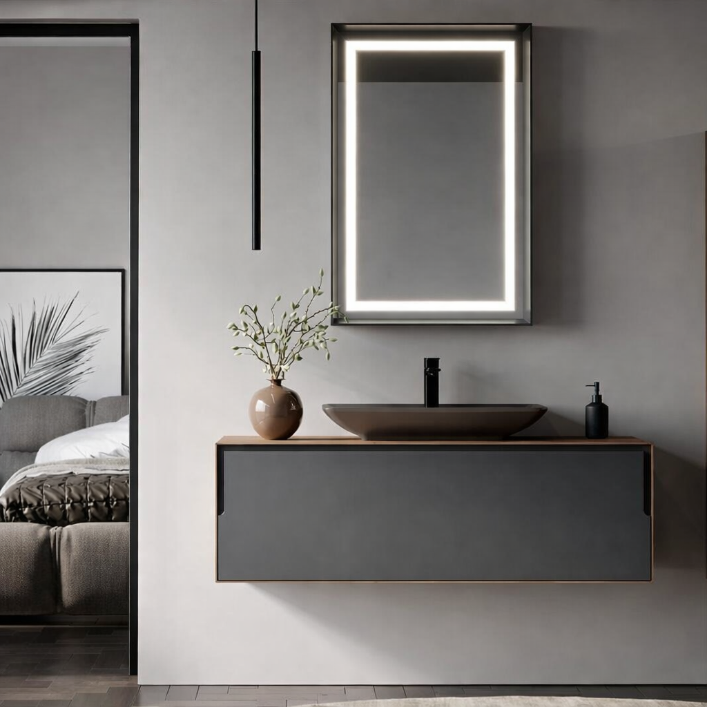 Orka Craft Banyo Dolabı Takımı, 120 cm, Kompakt Ceviz (Ledli Ayna-Mat Antrasit Lavabo), 5000147ORKA5000147Banyo Dolabı Takımı
