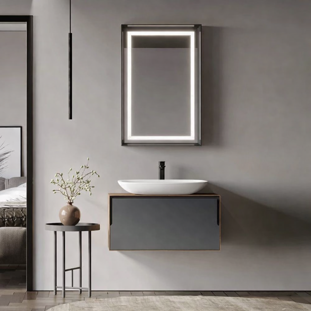 Orka Craft Banyo Dolabı Takımı, 80 cm, Kompakt Ceviz (Ledli Ayna-Mat Beyaz Lavabo), 5003988diğer5003988Ayna Ve Dolaplı Aynalar