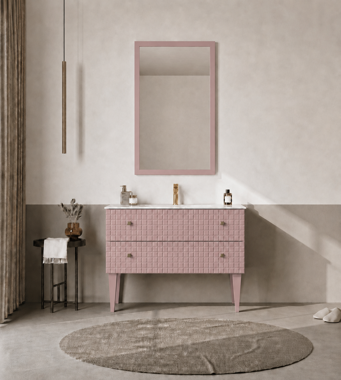 Orka LIPARI 100 cm Mat Pudra / Altın Banyo Dolabı Takımı (Ayaklı) , 5008583ORKA5008583Banyo Dolabı Takımı