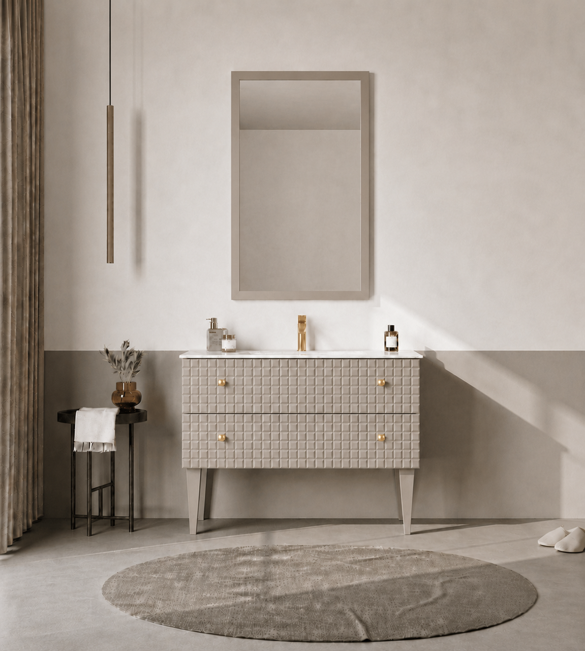 Orka Lipari Ayaklı Banyo Dolabı Takımı, 100 cm, Mat Vizon Lake (Altın Kulp-Ledli Ayna), 5007343ORKA5007343Banyo Dolabı Takımı