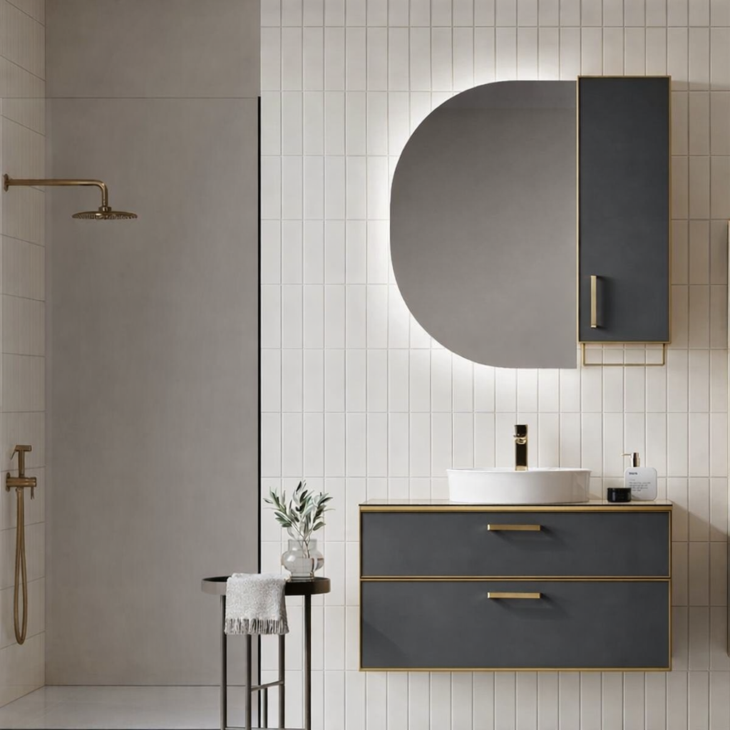 Orka Salerno Banyo Dolabı Takımı, 96 cm, Legnano-Mat Antrasit (Ledli Ayna-Üst Dolap), Krom/Altın Kulp, 5004712ORKA5004712Banyo Dolabı Takımı
