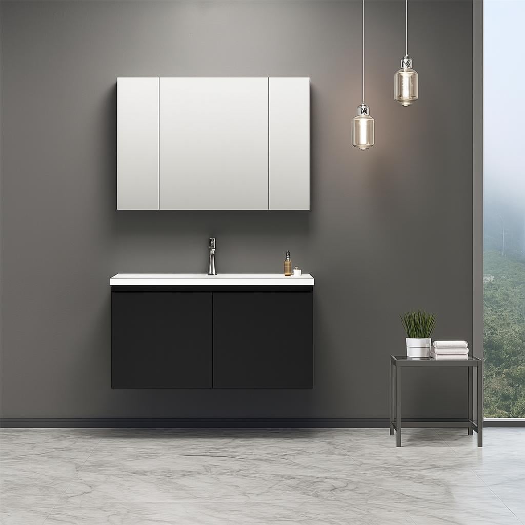 Orka Terme 100 cm Parlak Siyah Kapaklı Banyo Dolabı Takımı (Dolaplı Ayna)ORKA5004109Banyo Dolabı Takımı