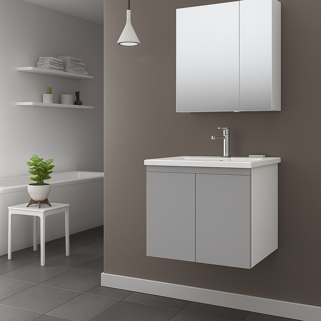 Orka Terme 60 cm Parlak Gri Kapaklı Banyo Dolabı Takımı (Dolaplı Ayna)ORKA5004091Banyo Dolabı Takımı