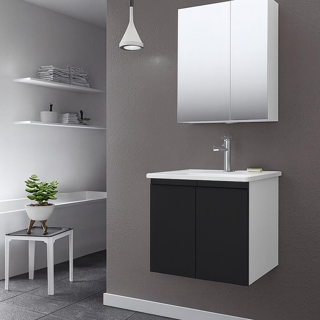 Orka Terme 60 cm Parlak Siyah Kapaklı Banyo Dolabı Takımı (Dolaplı Ayna)ORKA5004090Banyo Dolabı Takımı