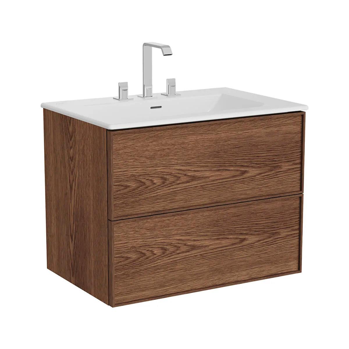 Vitra Metropole Edge Lavabo Dolabı, Çift Çekmeceli, Etajerli 3 Armatür Delikli Lavabolu, 80 Cm, Ceviz 67454VitrA67454Lavabo Dolabı