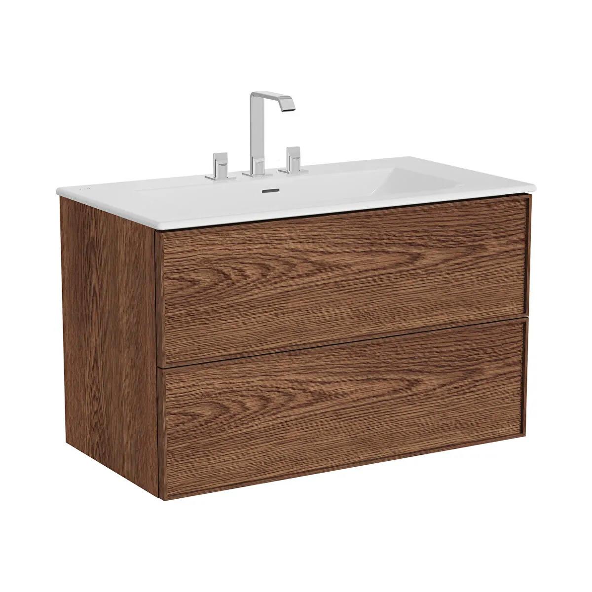 Vitra Metropole Edge Lavabo Dolabı, Çift Çekmeceli, Etajerli 3 Armatür Delikli Lavabolu, 100 Cm, Ceviz 67458VitrA67458Lavabo Dolabı