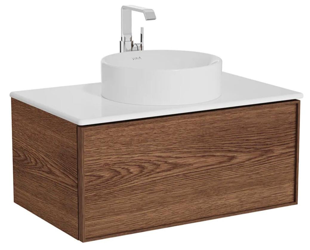 Vitra Metropole Edge Lavabo Dolabı, Tek Çekmeceli, Parlak Beyaz Çanak Lavabo ve Seramik Tezgahlı, 80 cm, Ceviz  67158 VitrA67158Lavabo Dolabı