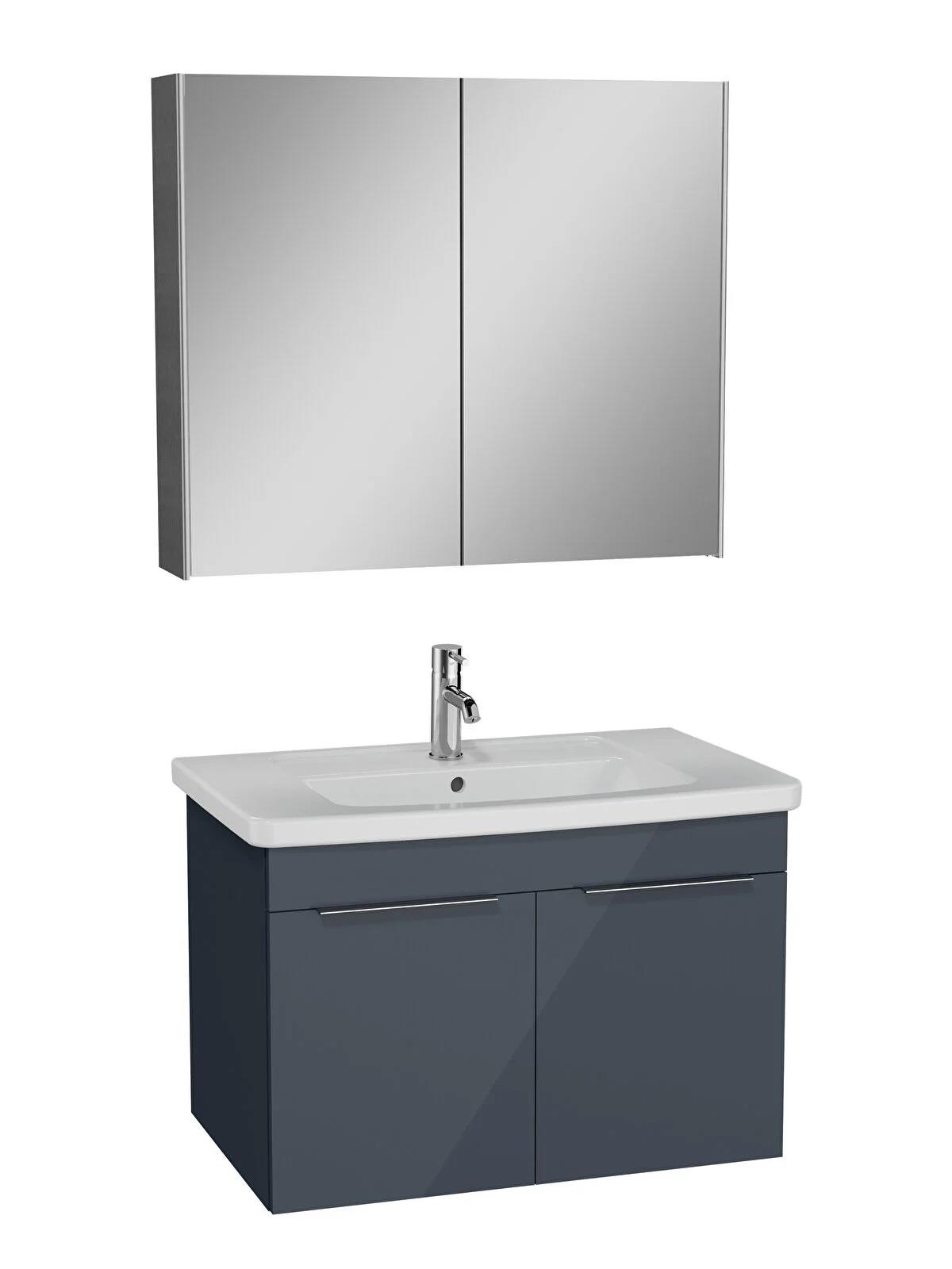 Vitra Quadrum Banyo Dolabı Seti, 80 cm, Kapaklı, (Dolaplı Ayna Dahil), Parlak Antrasit 67108VitrA67108Banyo Dolabı Takımı