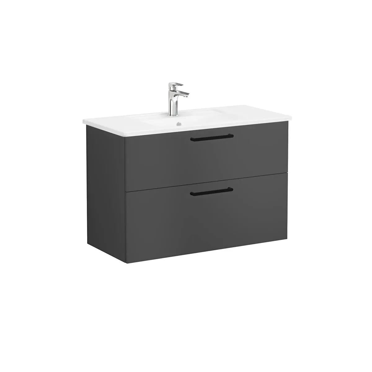 Vitra Root Flat İki Çekmeceli Lavabo 68304 Dolabı, 100 cm, Mat Fırtına Gri (Köşeli Lavabo Dahil) 68308 VitrA68308Lavabo Dolabı