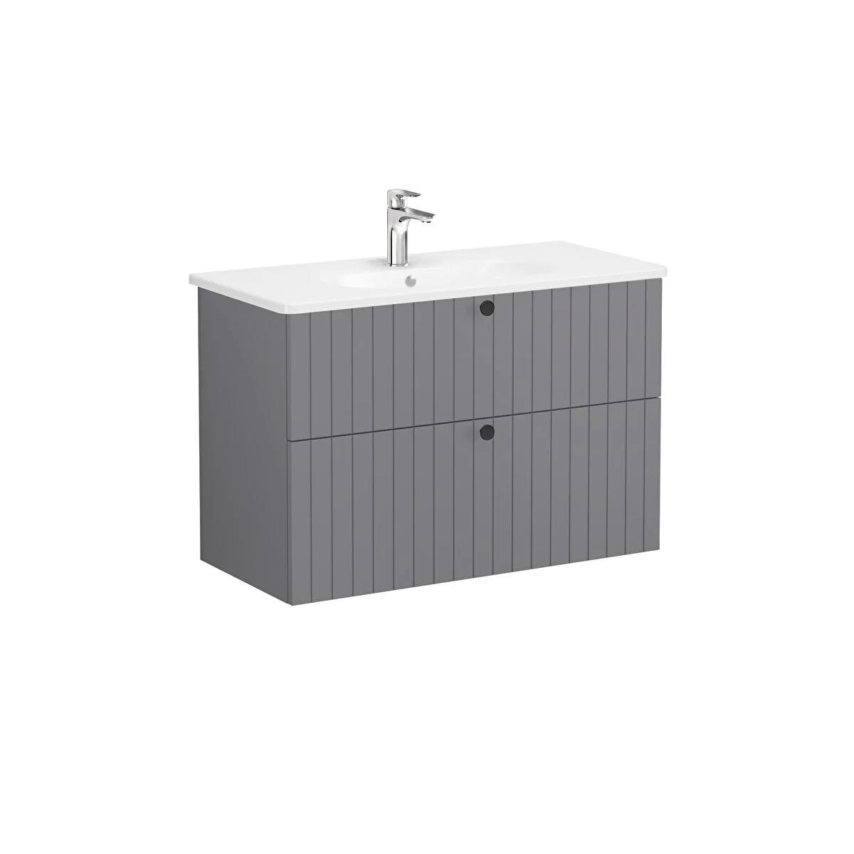 Vitra Root Groove Çift Çekmeceli Lavabo Dolabı 100 Cm Mat Gri (Yuvarlak Lavabo Dahil) 69459VitrA69459Lavabo Dolabı