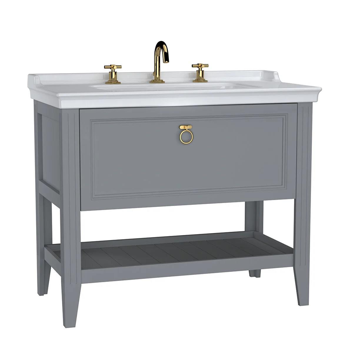Vitra Valarte Etajerli Lavabo Dolabı Tek Çekmeceli, 100 Cm, Mat Gri (Lavabo Dahil-Krom Kulplu) 62193VitrA62193Lavabo Dolabı