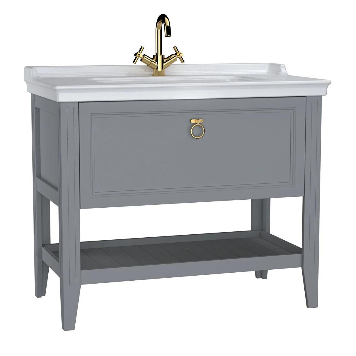 Vitra Valarte Etajerli Lavabo Dolabı Tek Çekmeceli, 100 Cm, Mat Gri (Lavabo Dahil-Krom Kulplu) 62184VitrA62184Lavabo Dolabı