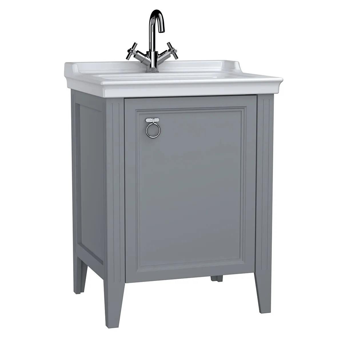 Vitra Valarte Kapaklı Etajerli Lavabo Dolabı, 65 Cm, Mat Gri (Lavabo Dahil-Krom Kulplu Sağ) 62260VitrA62260Lavabo Dolabı