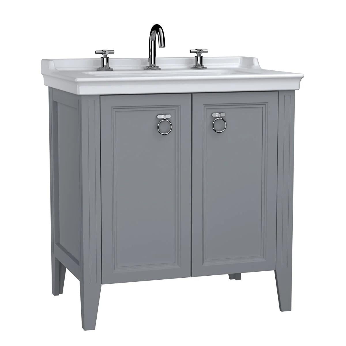 Vitra Valarte Kapaklı Etajerli Lavabo Dolabı, 80 Cm, Mat Gri (Lavabo Dahil-Krom Kulplu) 62154VitrA62154Lavabo Dolabı