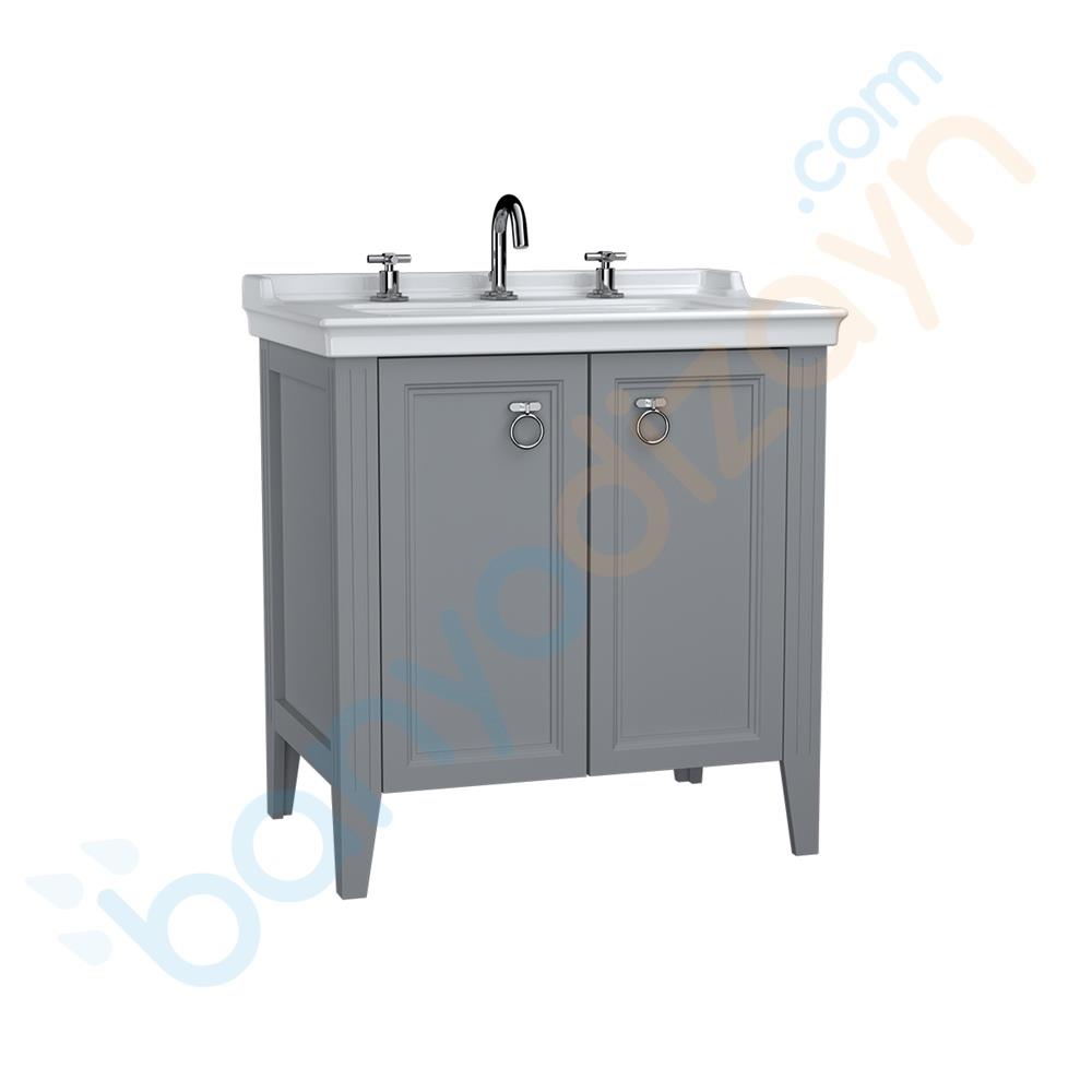 Vitra Valarte Kapaklı Etajerli Lavabo Dolabı, 80 cm, Mat Gri (Lavabo Dahil-Krom Kulplu), 62163 VitrA62163Lavabo Dolabı