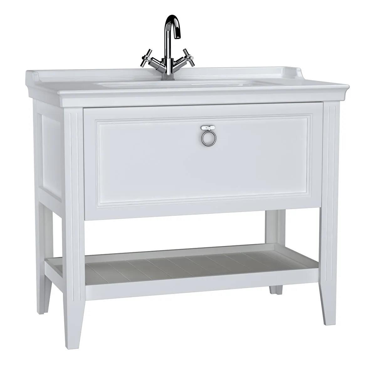 Vitra Valarte Tek Çekmeceli Etajerli Lavabo Dolabı, 100 cm, Mat Beyaz (Lavabo Dahil-Krom Kulplu) 62183 VitrA62183Lavabo Dolabı