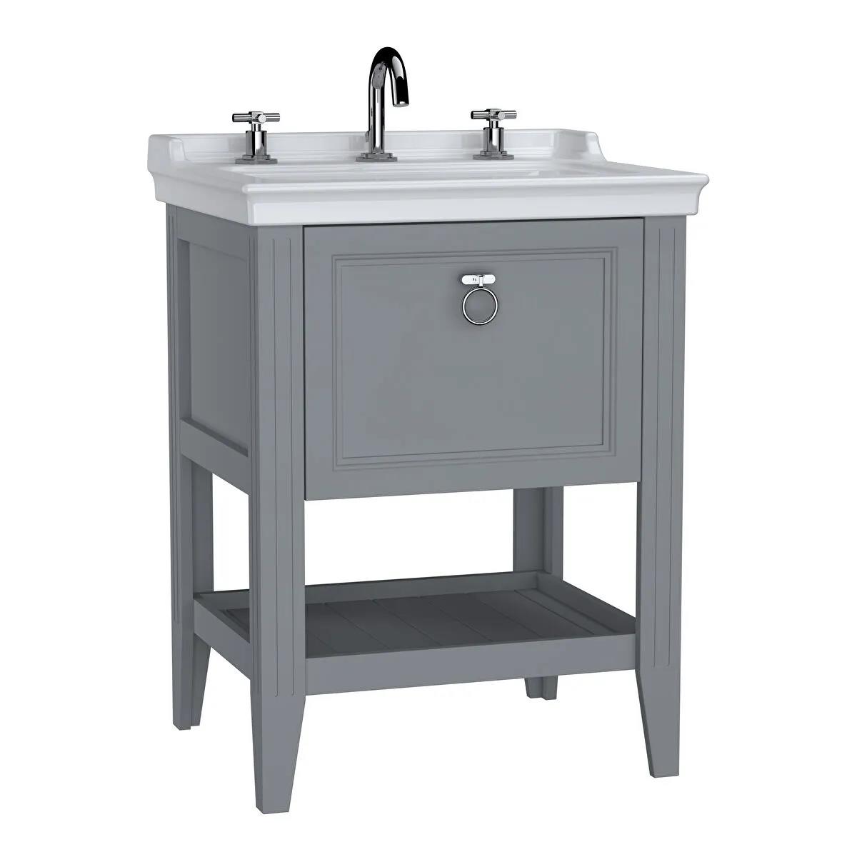 Vitra Valarte Tek Çekmeceli Etajerli Lavabo Dolabı, 65 cm, Mat Gri (Lavabo Dahil-Krom Kulplu) 62187 VitrA62187Lavabo Dolabı