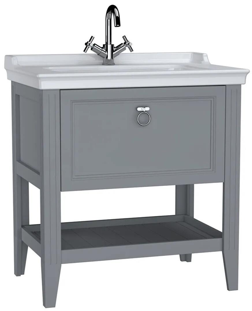 Vitra Valarte Tek Çekmeceli Etajerli Lavabo Dolabı, 80 cm, Mat Gri (Lavabo Dahil-Krom Kulplu), 62181 VitrA62181Lavabo Dolabı
