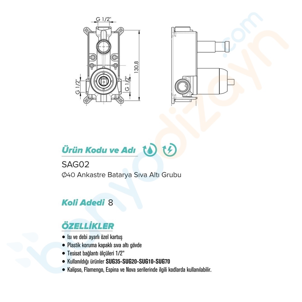 SAG02 GPD Ankastre Banyo Bataryası (Sıva Altı Grubu, Kartuş Çapı:40 mm) -  Banyodizayn