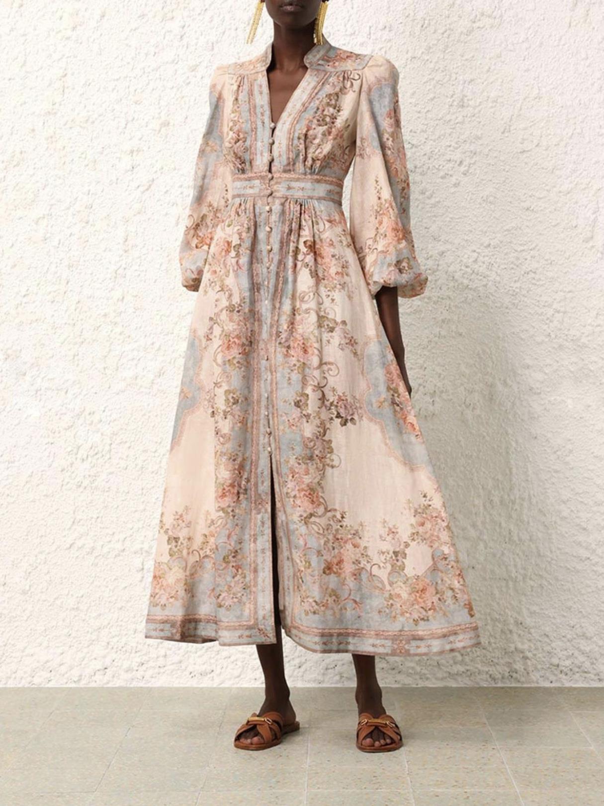 Desenli V Yaka Midi Elbise