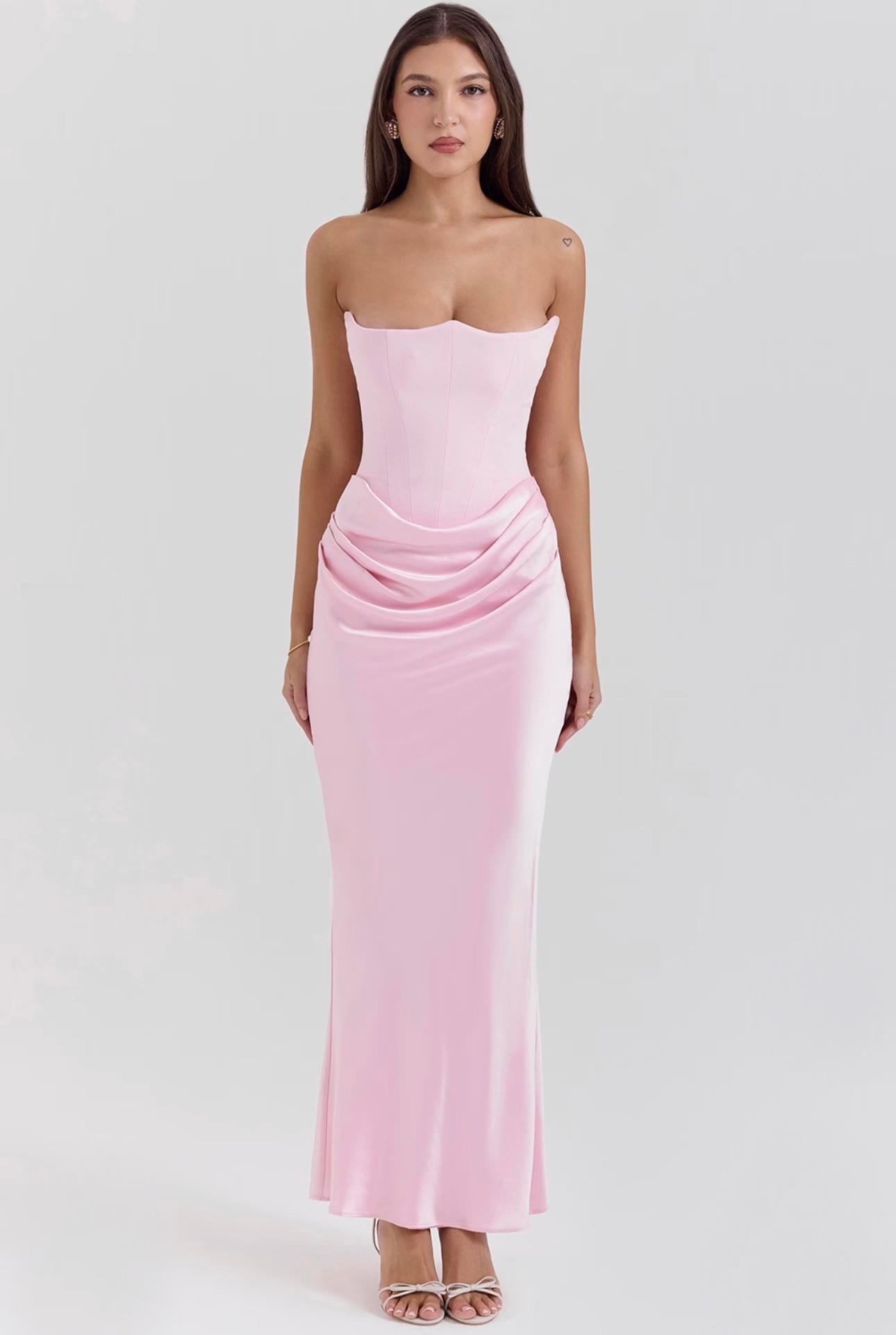 Drapeli Pembe Saten Midi Elbise