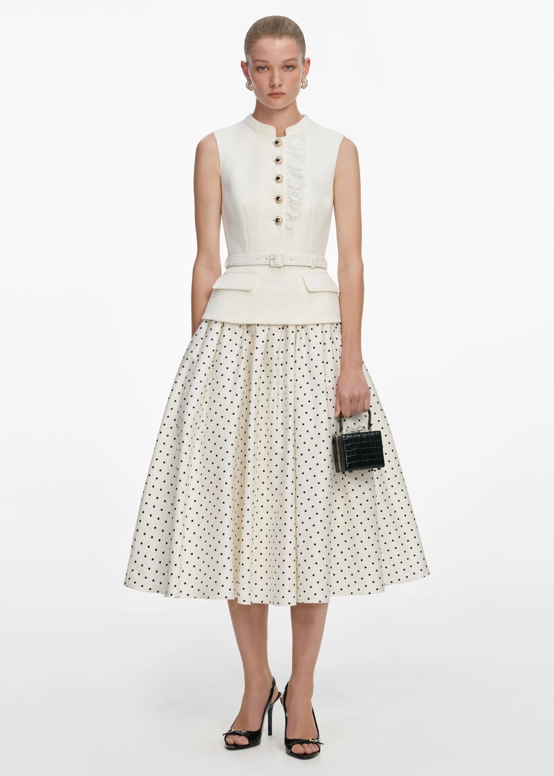 Eteği Puantiyeli Kolsuz Midi Elbise