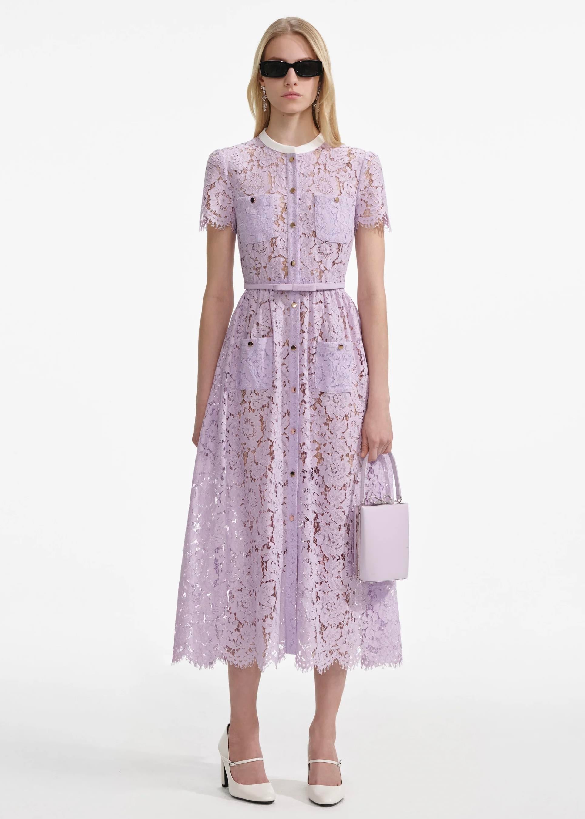 Gold Düğme Detaylı Lila Midi Elbise