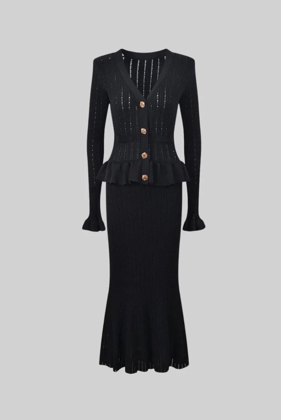 Gold Düğme Detaylı Siyah Triko Midi Elbise