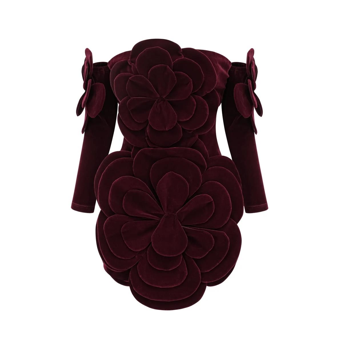 Gül Motifli Straplez Bordo Mini Elbise