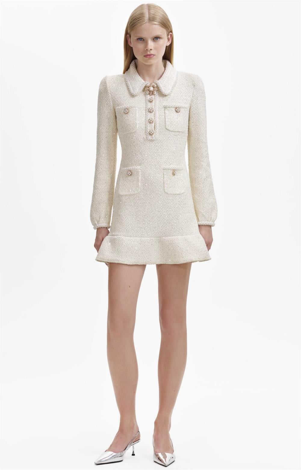 İnci Düğme Detaylı Ekru Mini Elbise