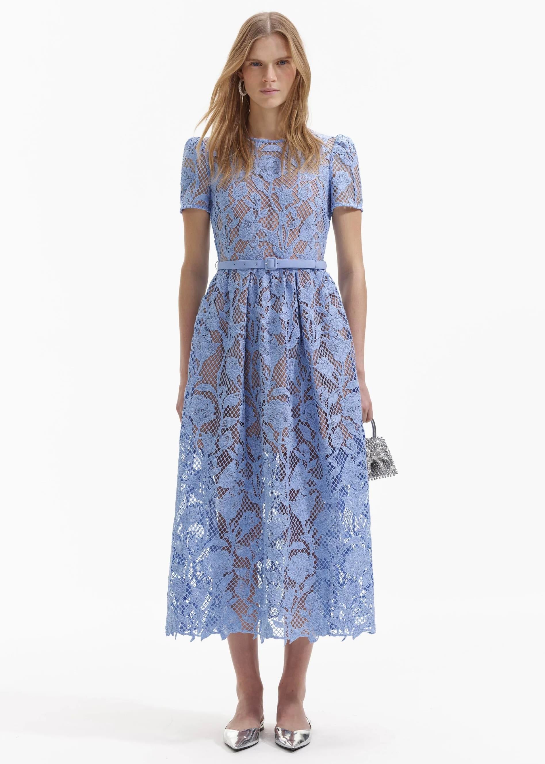 Kemerli Mavi Dantel Midi Elbise