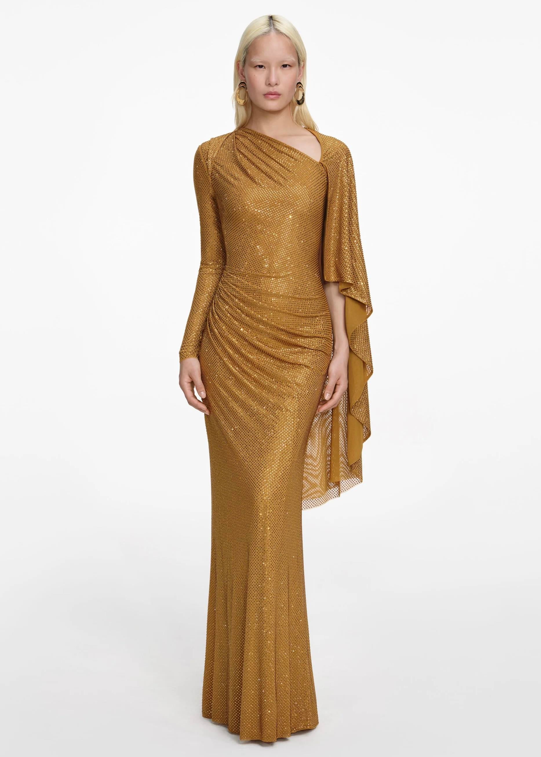 Kristal Taşlı Gold Maksi Elbise
