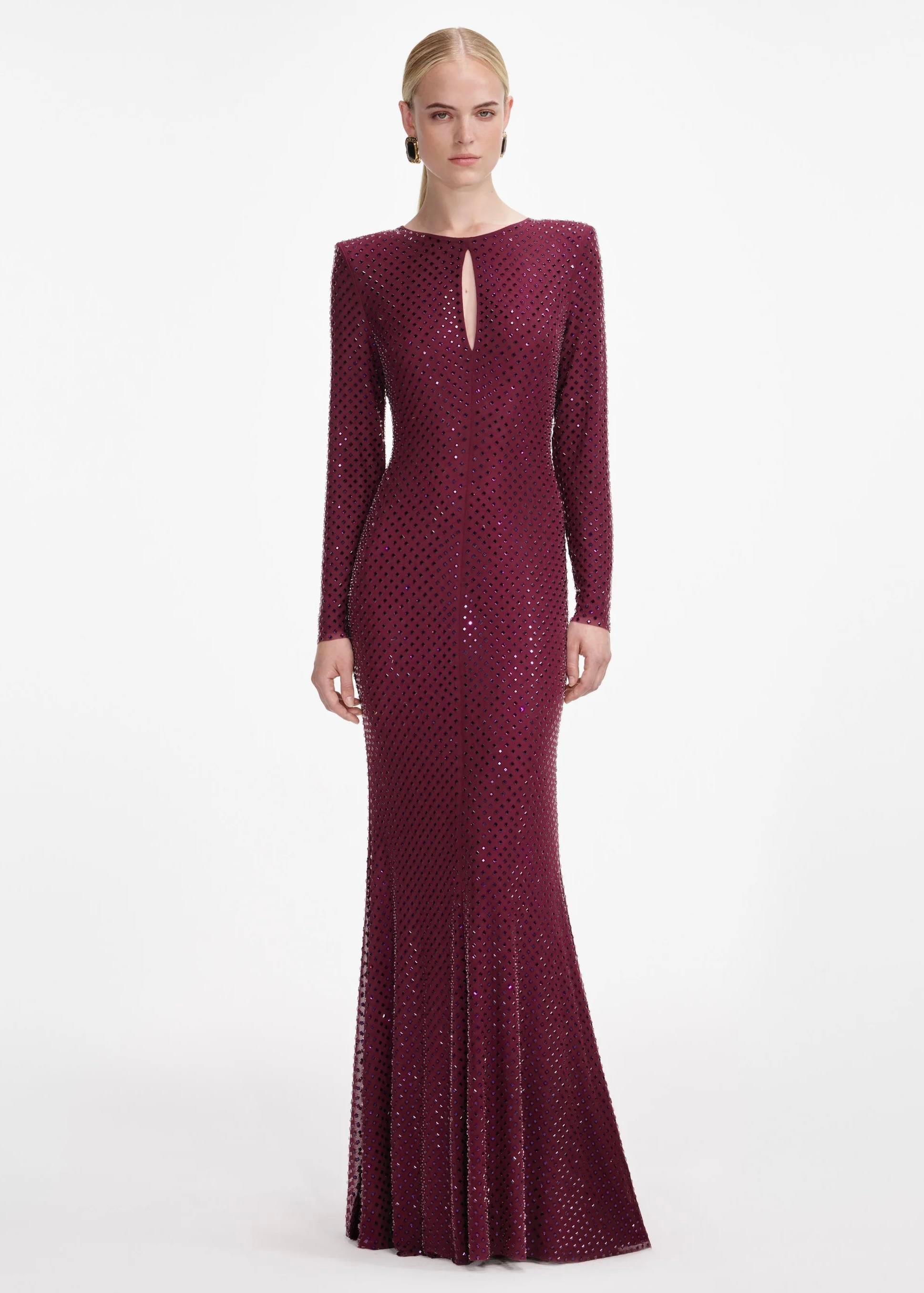 Pencere Detaylı Kristal Taşlı Bordo Maksi Elbise