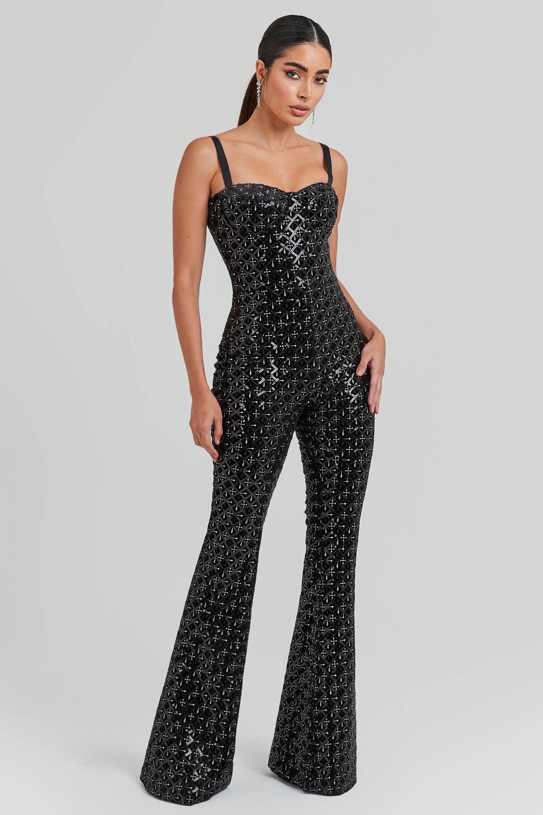 Siyah Payetli Askılı Tulum