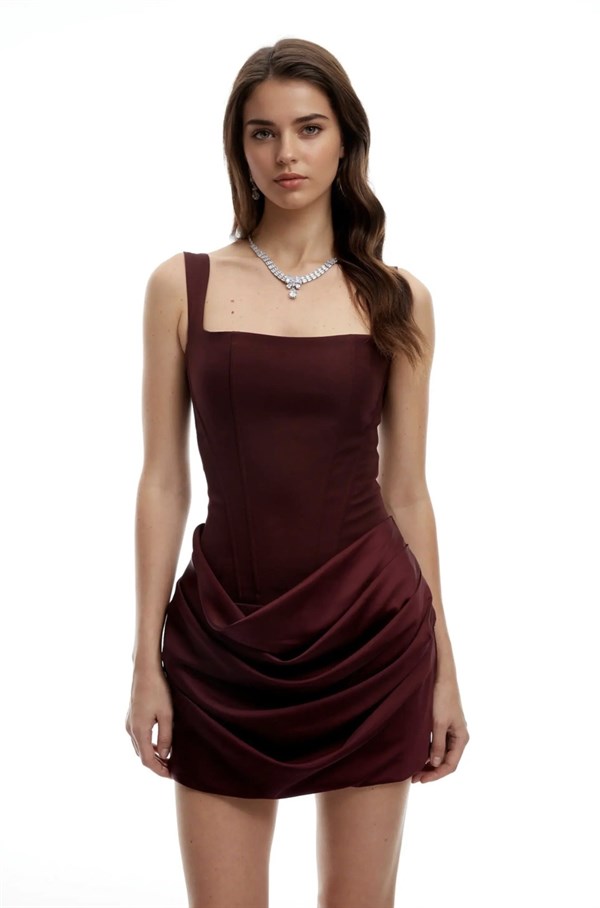 Korse Formlu Bordo Mini Elbise