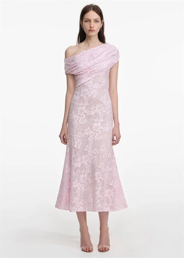 Pembe Dantel Midi Elbise
