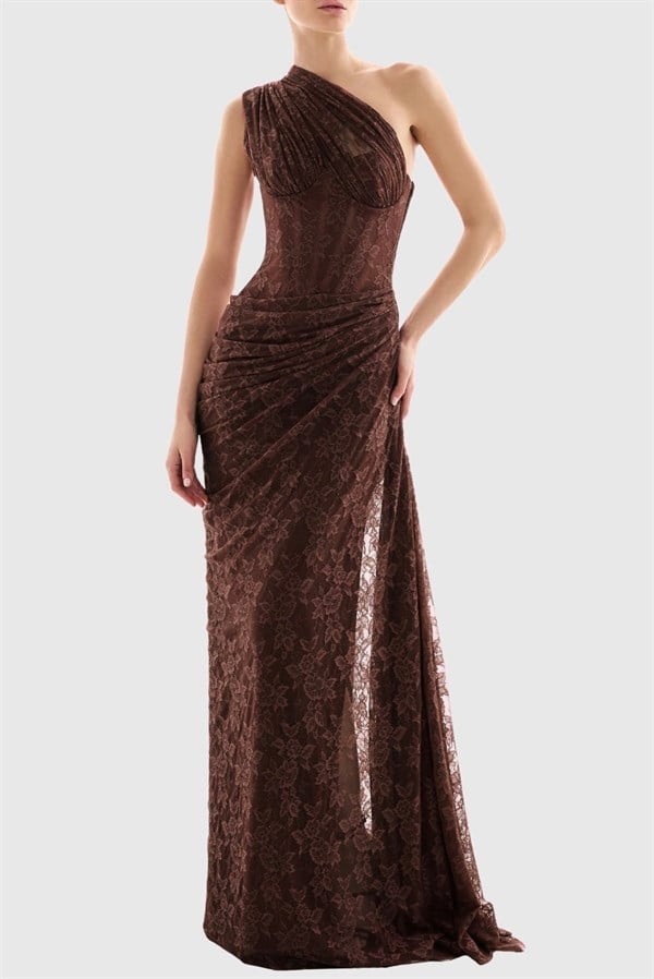Tek Omuzlu Kahverengi Dantel Maksi Elbise