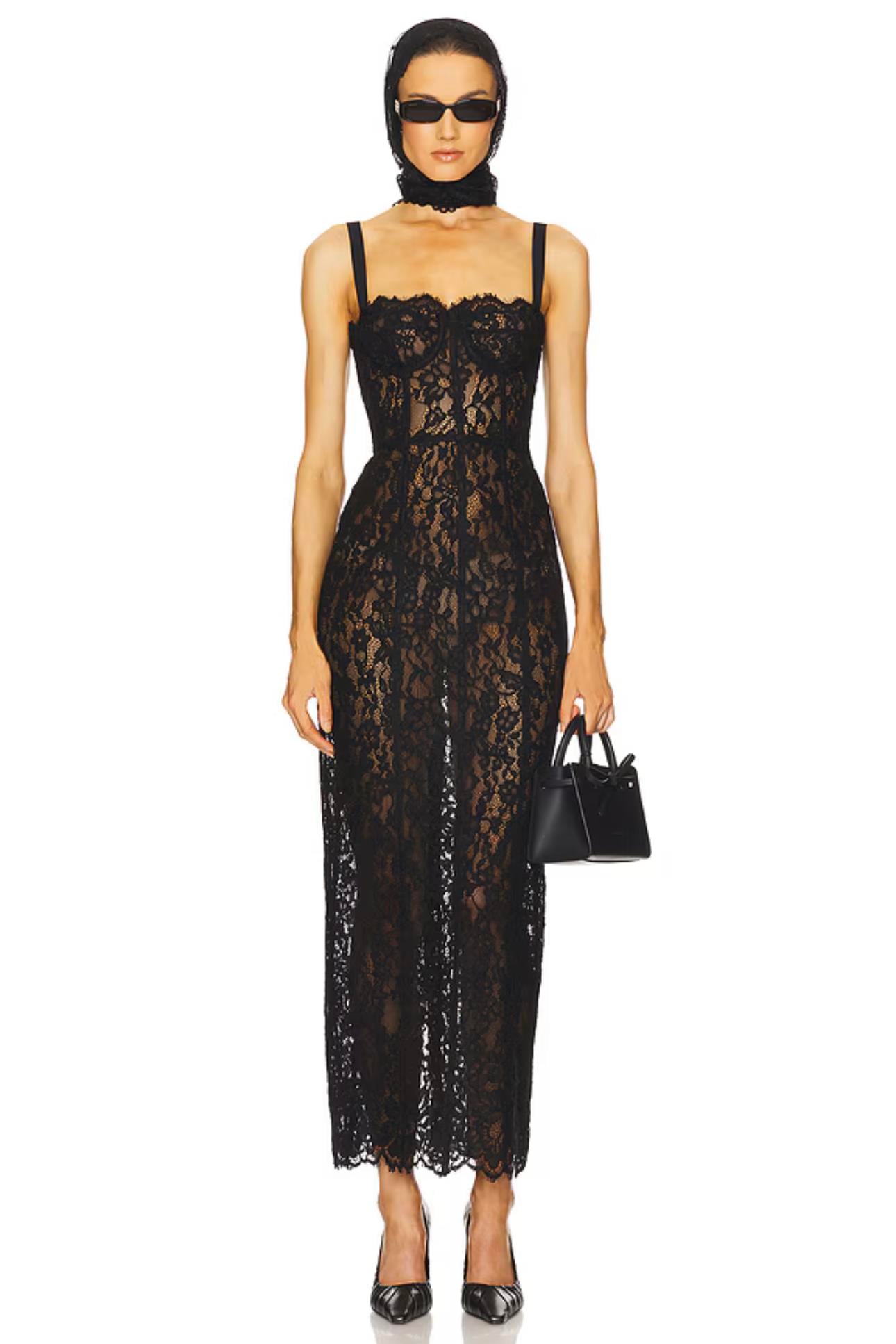 Askılı Siyah Dantel Midi Elbise