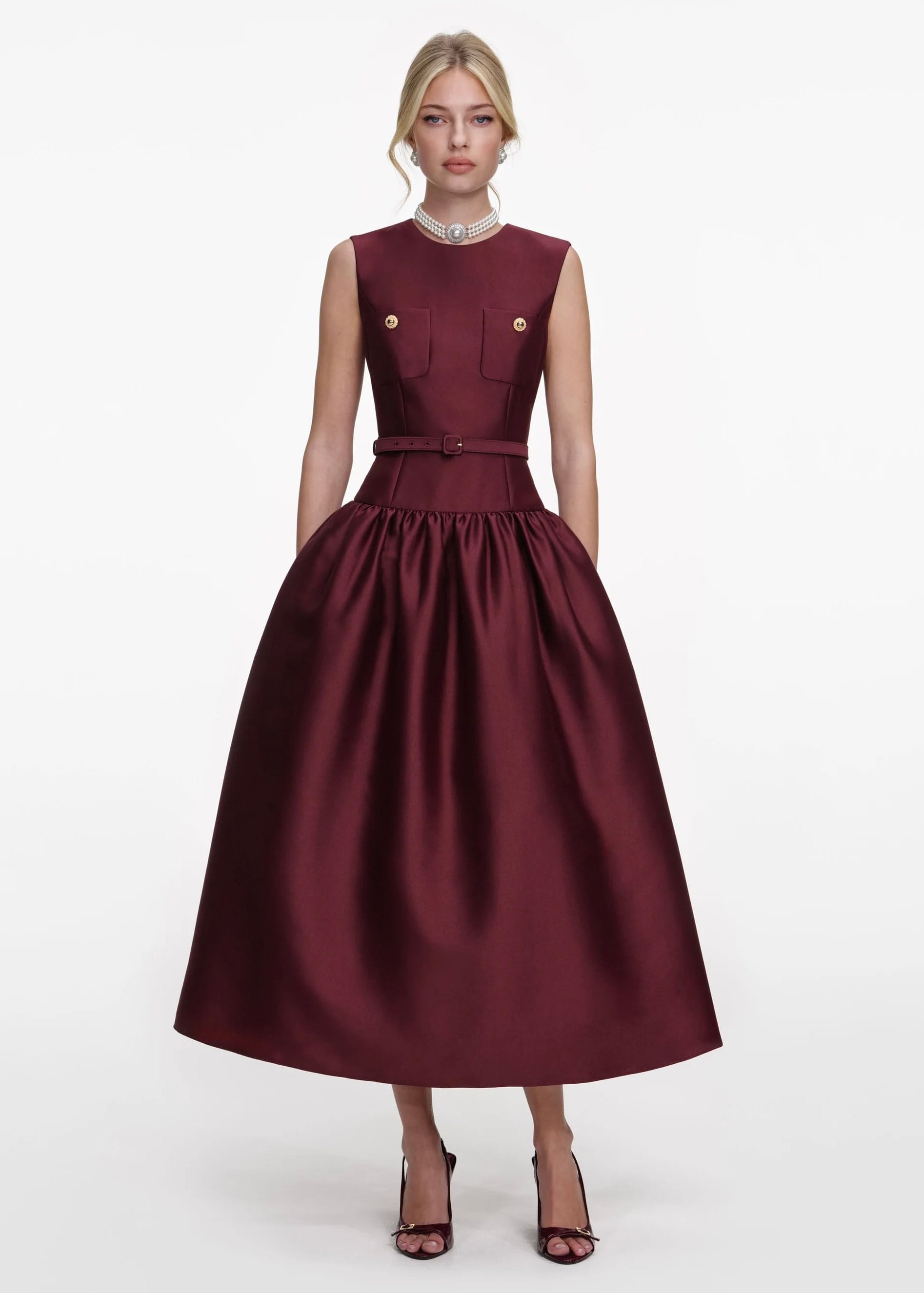 Balon Etekli Bordo Midi Elbise