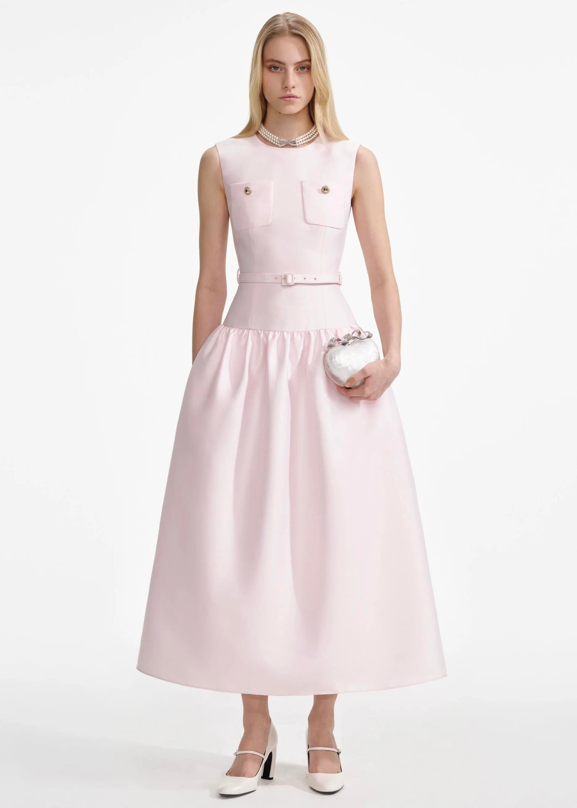 Balon Etekli Toz Pembe Midi Elbise