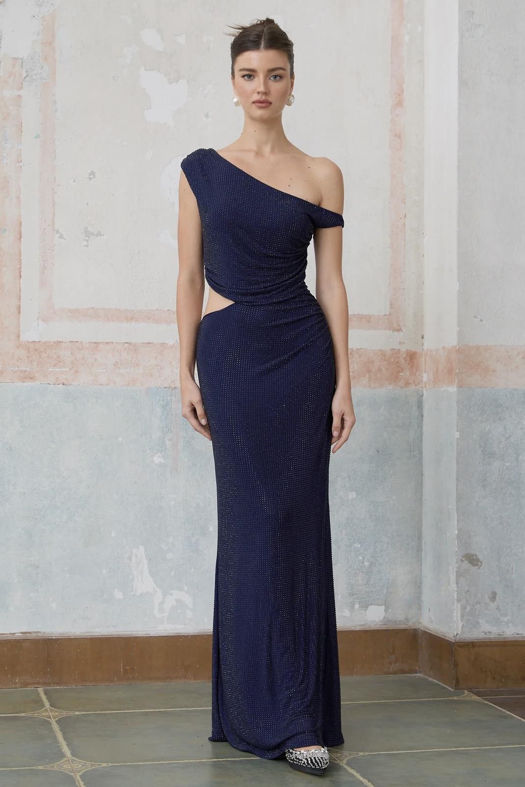 Bel Detaylı Payetli Maksi Elbise