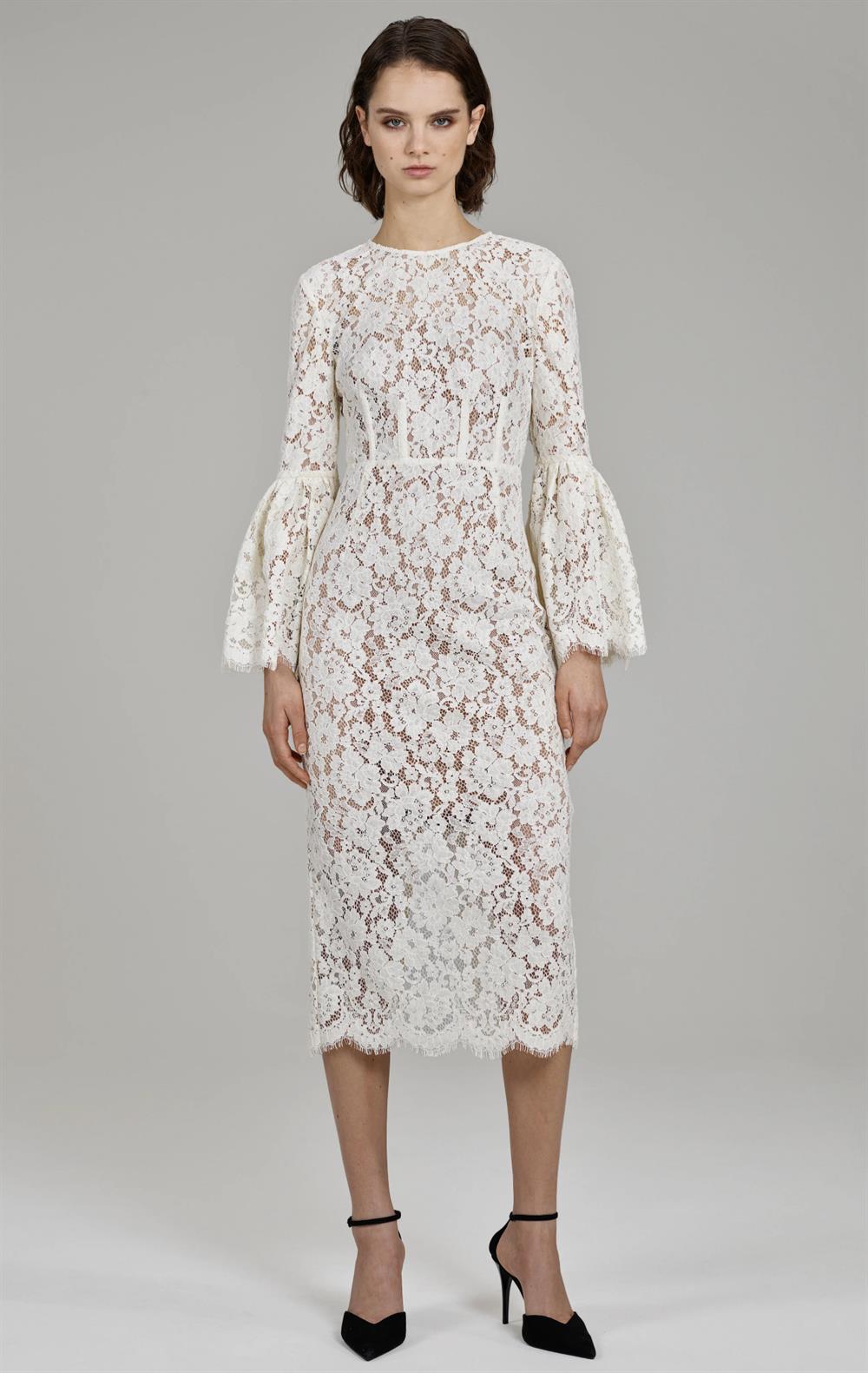 Beyaz Dantel Midi Elbise