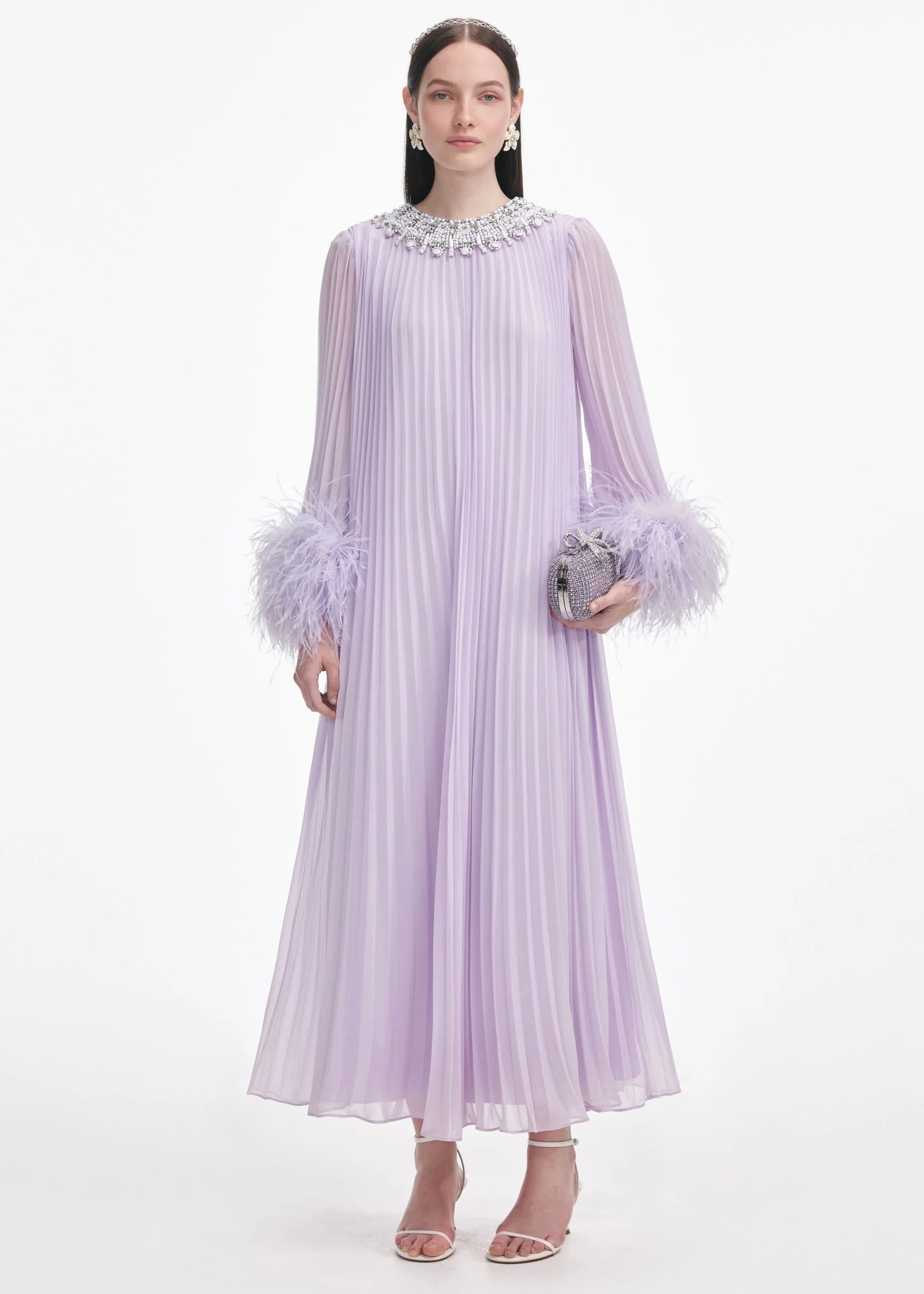 Boncuk İşlemeli Otrişli Lila Maksi Elbise