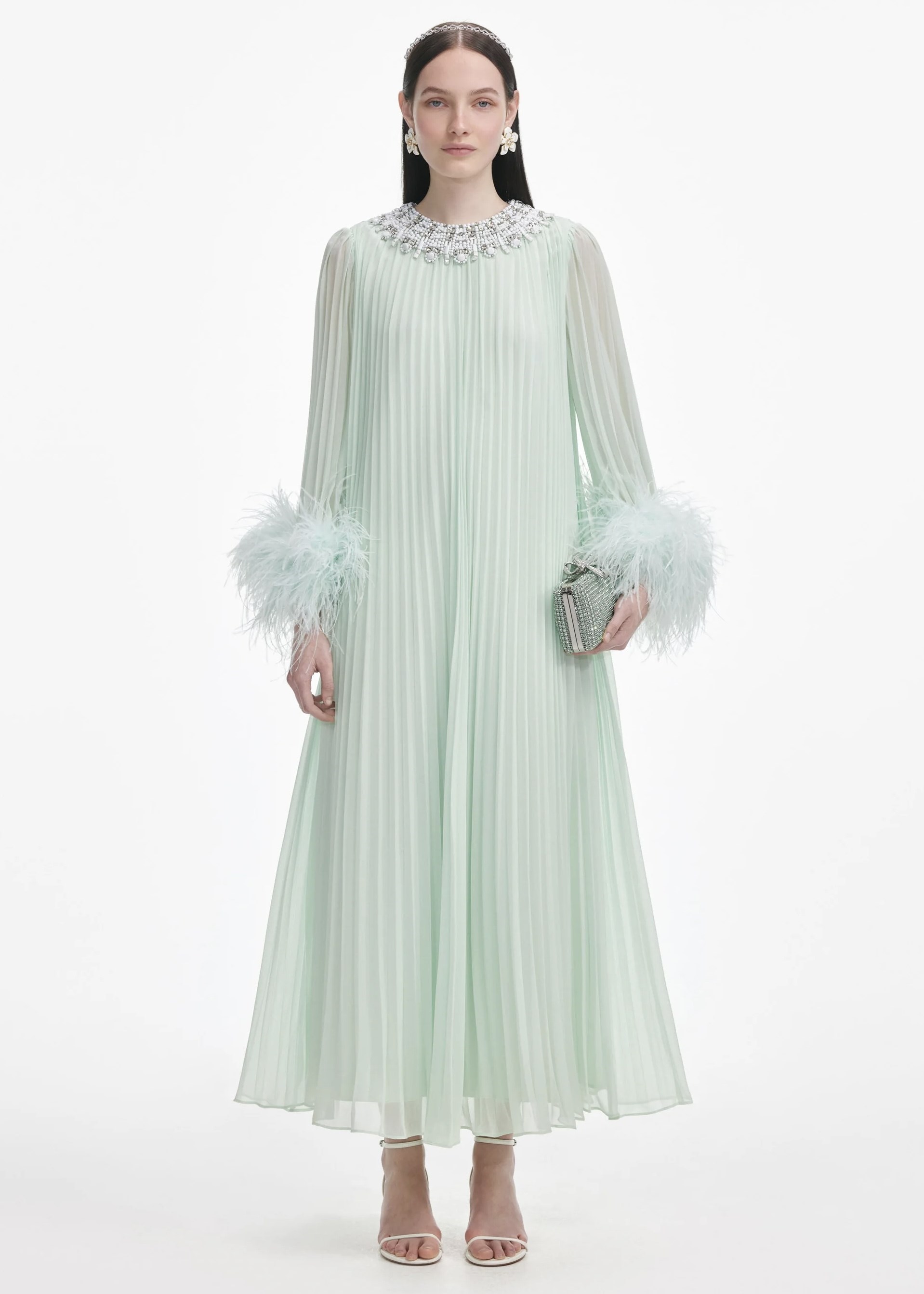 Boncuk İşlemeli Otrişli Yeşil Maksi Elbise