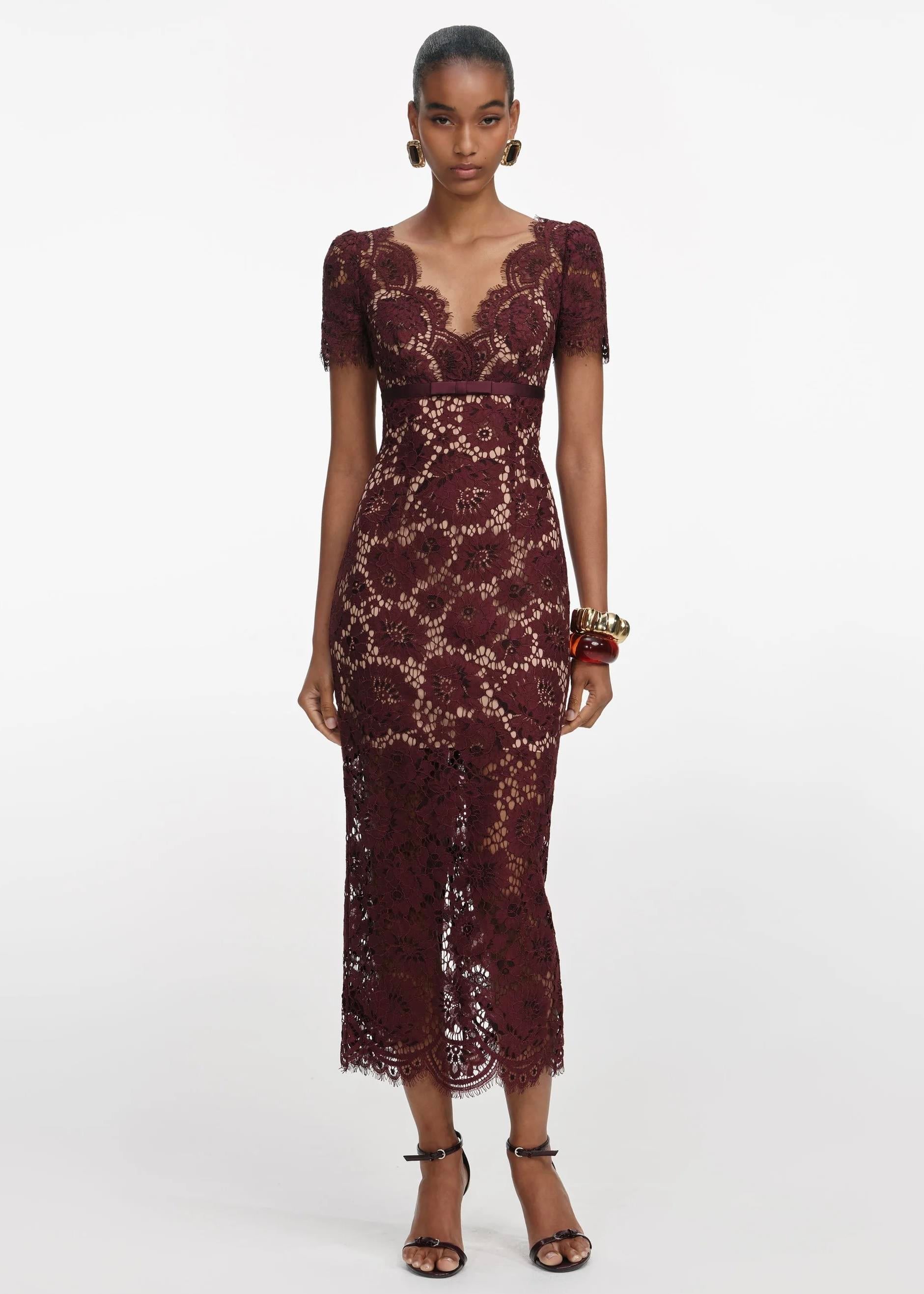 Bordo V Yaka Güpür Midi Elbise