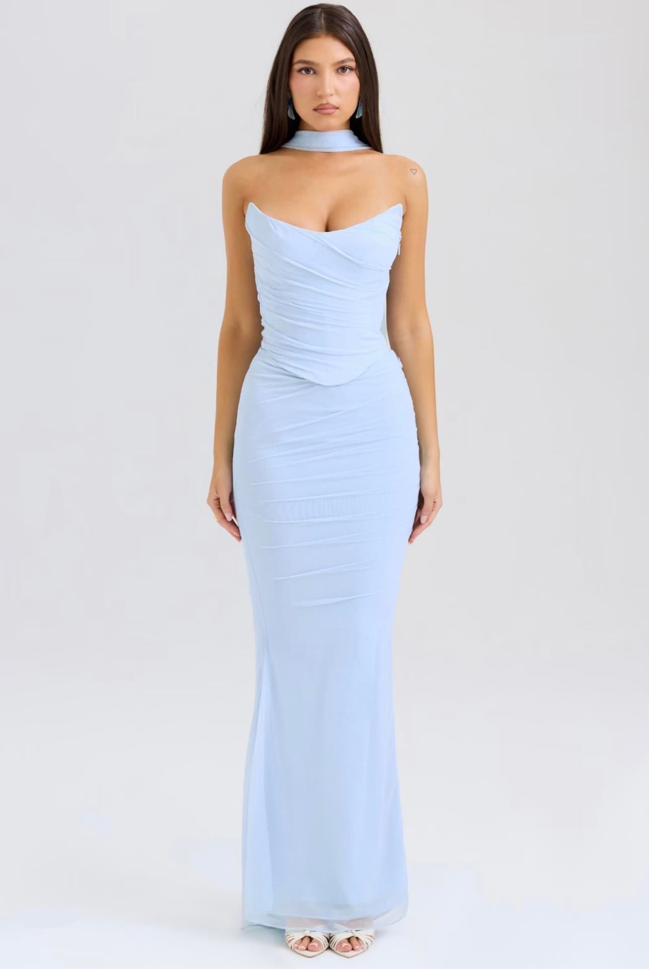 Boynu Bağ Detaylı Drapeli Mavi Takım