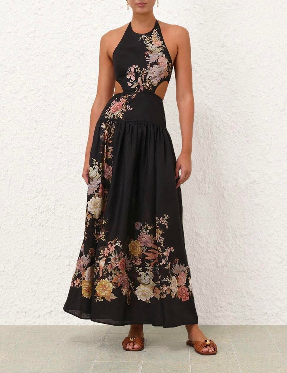 Çiçek Desenli Siyah Midi Elbise